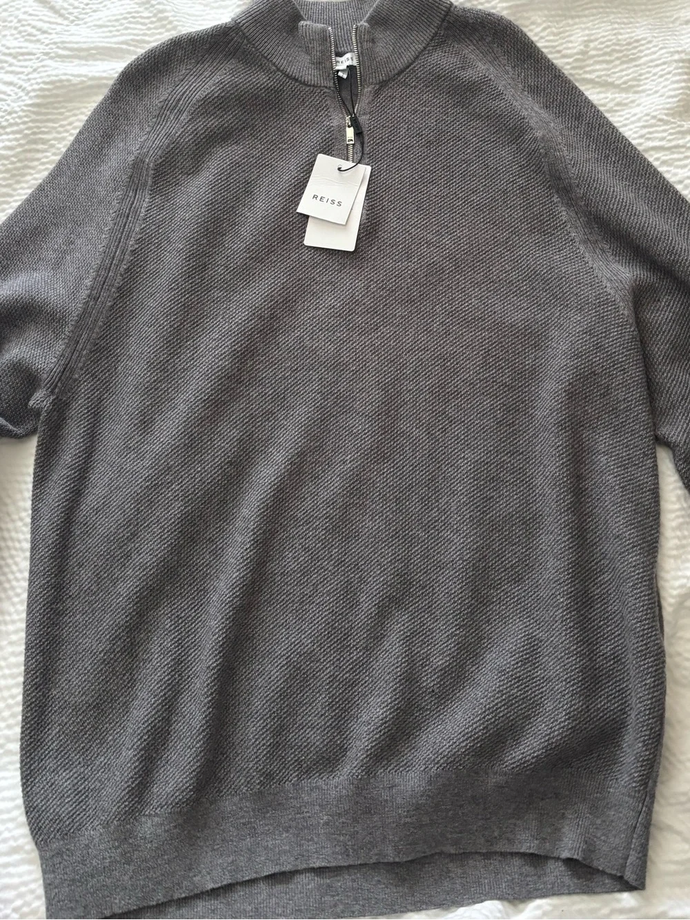 Reiss Gray Textured Funnel Quarter zip Wool Blend Sweater